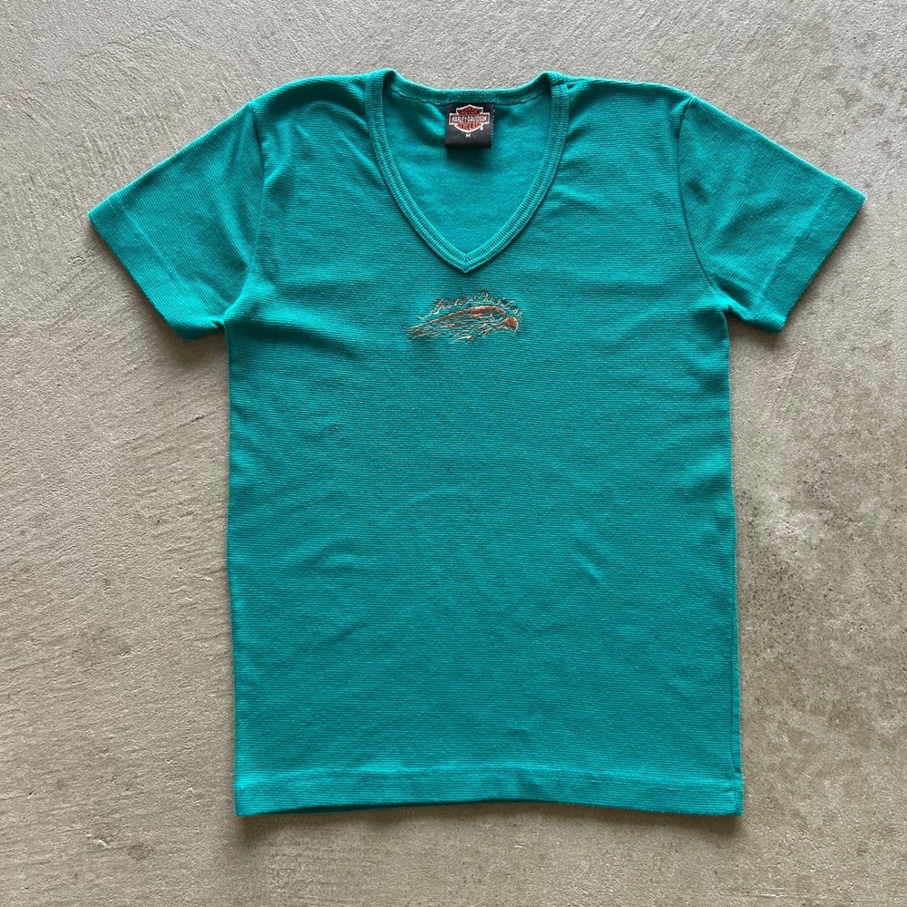 Vintage 90s Harley Davidson Shirt Womens Medium Green Thermal V Neck Embroidered